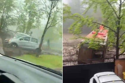A powerful mudslide swept through Santiago, Chile, carrying cars and buses away as a canal overflowed during heavy rainfall. Six people injured, disaster zone declared.