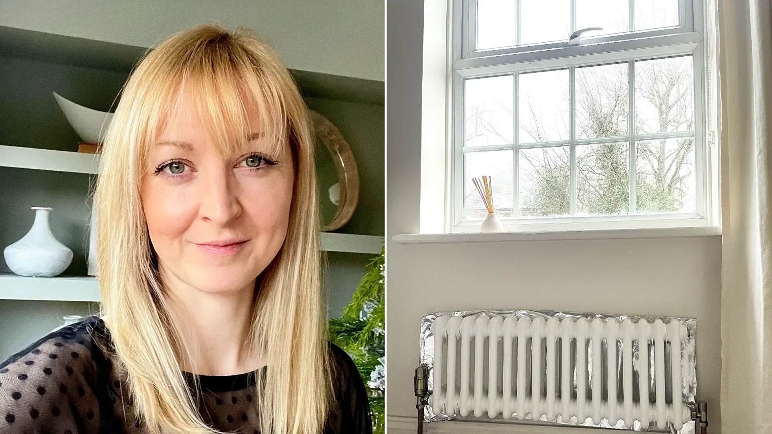 Left: Blonde woman in black polka dot top smiling at camera. Right: radiator with tin foil reflector behind it.