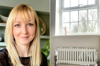 Left: Blonde woman in black polka dot top smiling at camera. Right: radiator with tin foil reflector behind it.