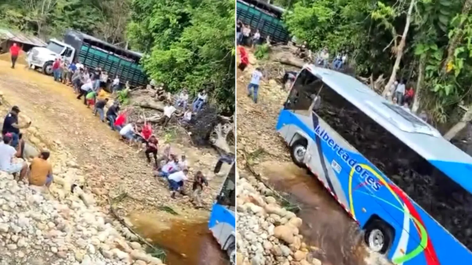 Locals form human chain to rescue bus stuck in Colombian river after heavy rains caused major disruption on key transport route connecting two regions.