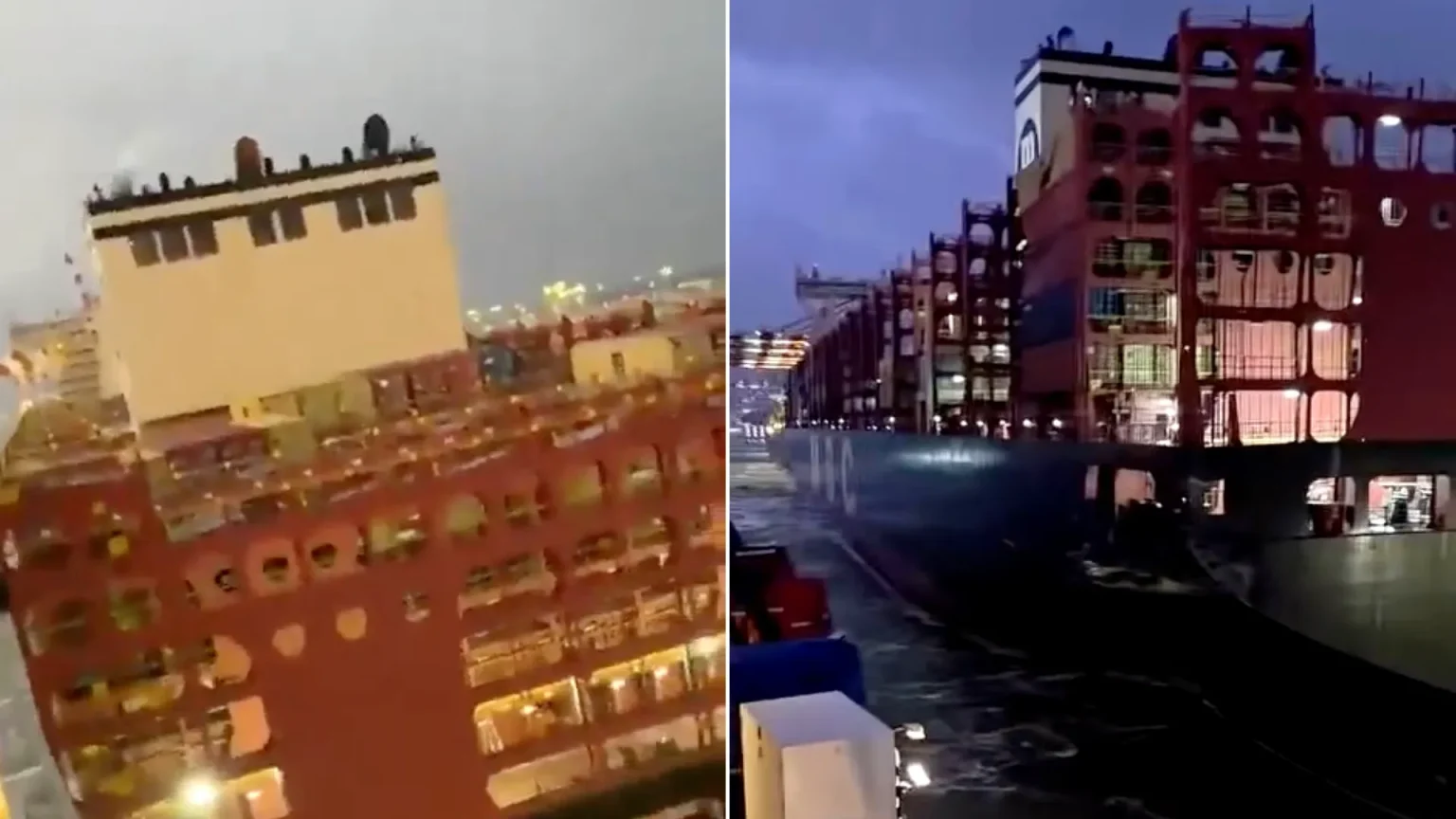 A cruise liner has crashed into container ships during a storm, tearing open a vessel’s hull and leaving passengers shaken.