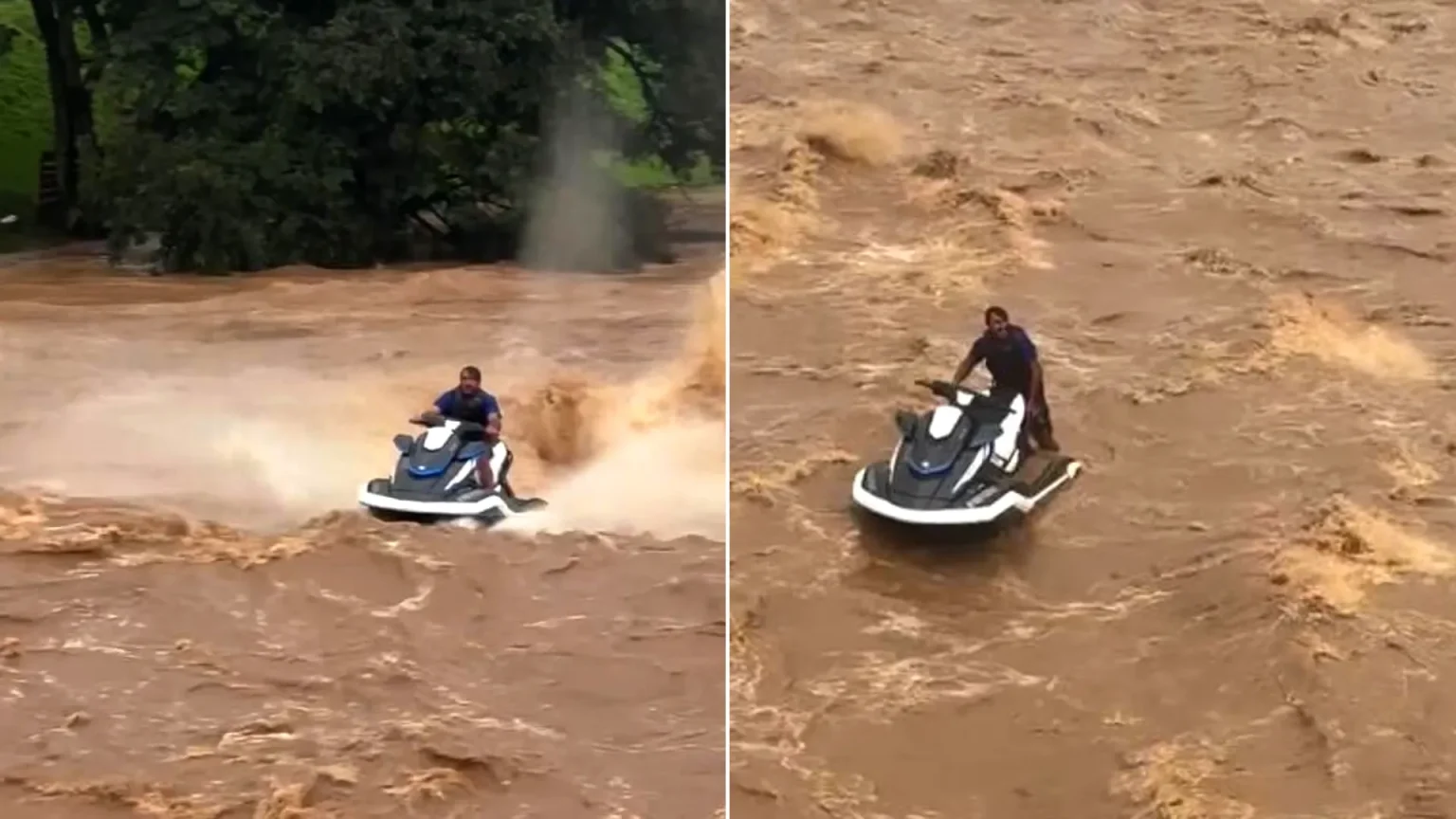 A terrifying video shows the moment a thrill-seeker was hurled into raging floodwater from his jet ski, before miraculously climbing back on.