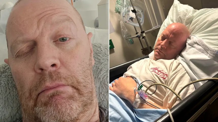 Left: Man smiling with family before stroke. Right: Close-up showing left-side facial weakness after stroke.