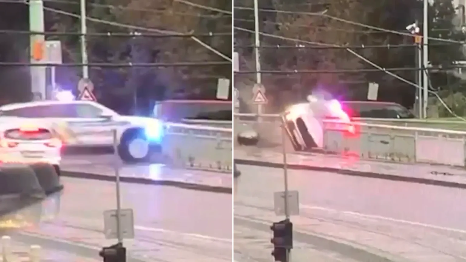 Police officers dramatically rescued after patrol car skids off Prague bridge into freezing river - a heroic runner jumped into icy water to save them.