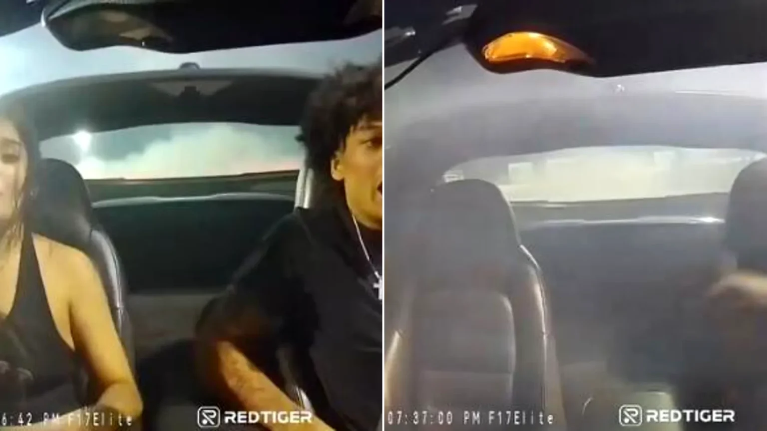 Drifter's Corvette catches fire during drift - he panics and tells girlfriend to jump from moving car. Dashcam footage of the terrifying moment goes viral with millions of views.