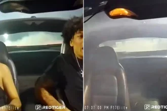 Drifter's Corvette catches fire during drift - he panics and tells girlfriend to jump from moving car. Dashcam footage of the terrifying moment goes viral with millions of views.