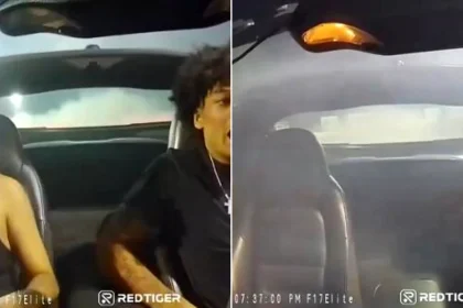 Drifter's Corvette catches fire during drift - he panics and tells girlfriend to jump from moving car. Dashcam footage of the terrifying moment goes viral with millions of views.