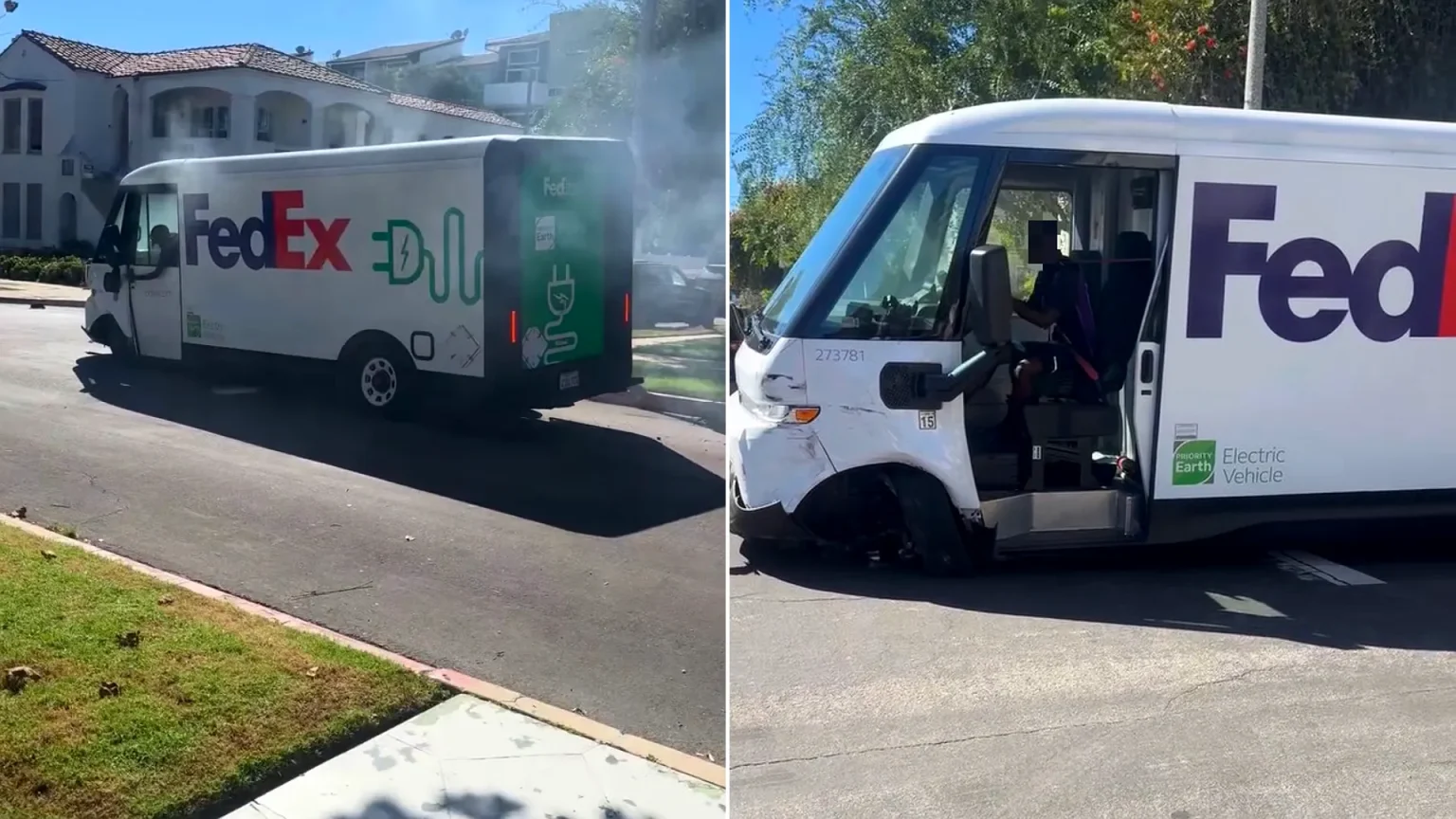FedEx driver removed from service after shocking video shows van billowing with smoke and missing front wheel on Los Angeles street - Video.