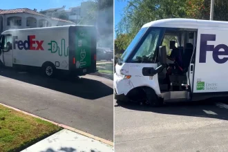 FedEx driver removed from service after shocking video shows van billowing with smoke and missing front wheel on Los Angeles street - Video.