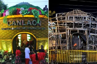 People were forced to jump to safety after a festival booth erupted in flames and left nine attendees injured. The fire broke out at the Canlaon City booth during the.
