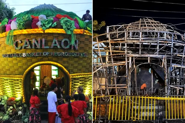 People were forced to jump to safety after a festival booth erupted in flames and left nine attendees injured. The fire broke out at the Canlaon City booth during the.