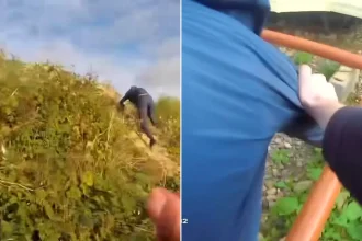 A fit cop chased down a suspected burglar shouting: 'I can go all day, mate', before catching him. Dramatic footage showed the officer chasing down the suspect.