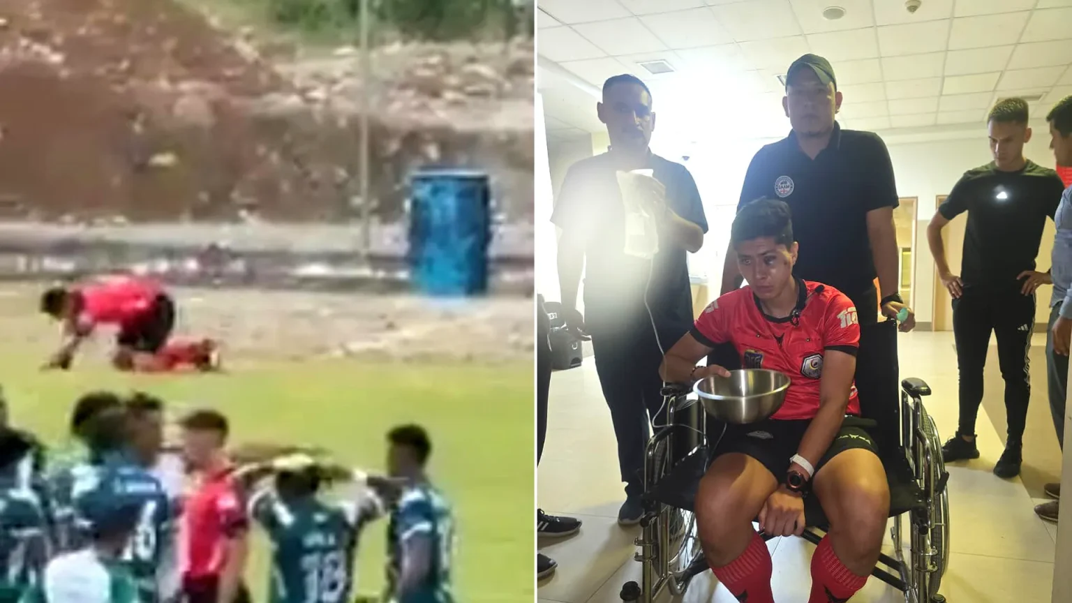 A footballer has been sacked after allegedly hurling a rock at a linesman’s face, leaving him with a fractured cheekbone.