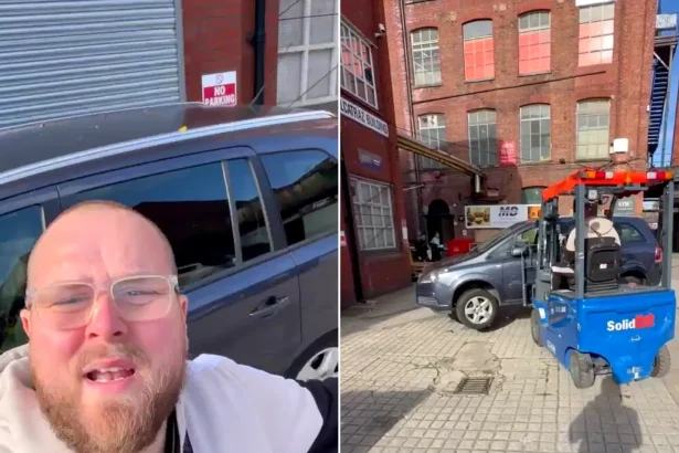 A fuming Brit had to use a forklift to move a car after the driver parked it right in front of his shop. Luke Thurling could not believe his eyes when he turned up to.