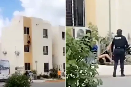 A half-naked man fell from a third-floor window ledge while allegedly hiding from his lover’s husband. The shirtless man dangled desperately from a third-floor.