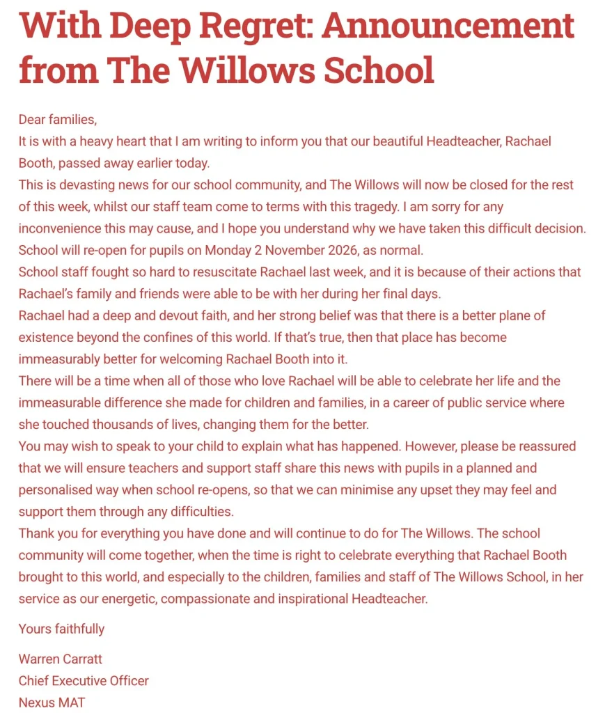 A headteacher has died after staff tried to save her during a sudden heart attack at school. Rachael Booth tragically lost her life days after suffering a shock cardiac.