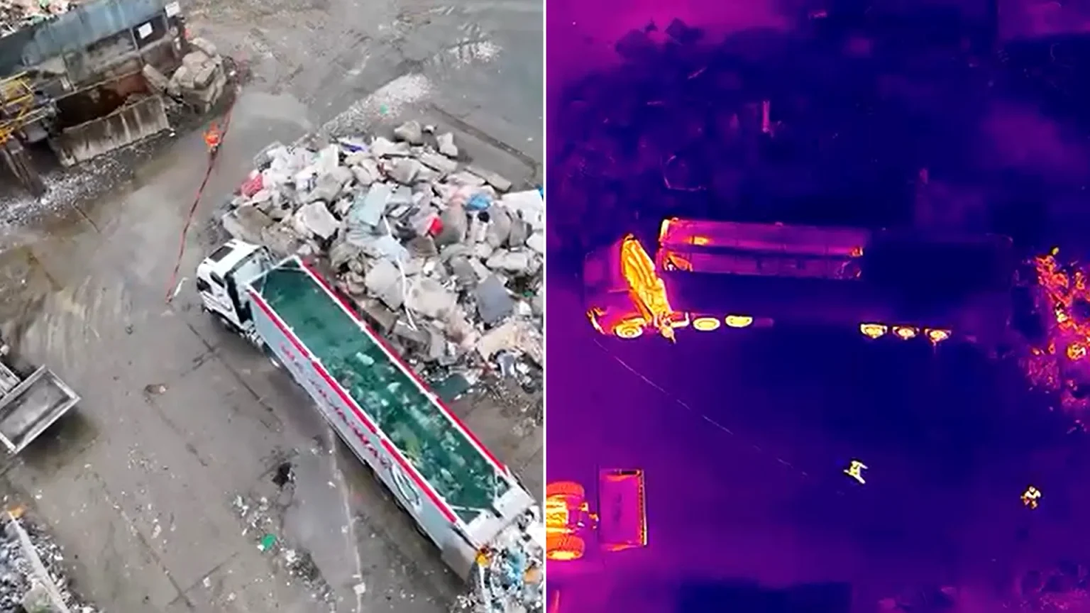 Hidden lithium battery triggers dramatic fire inside rubbish lorry at recycling centre. Workers forced to act as flames break out in vehicle during waste processing.