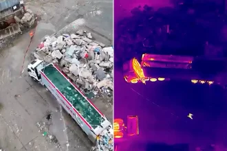Hidden lithium battery triggers dramatic fire inside rubbish lorry at recycling centre. Workers forced to act as flames break out in vehicle during waste processing.