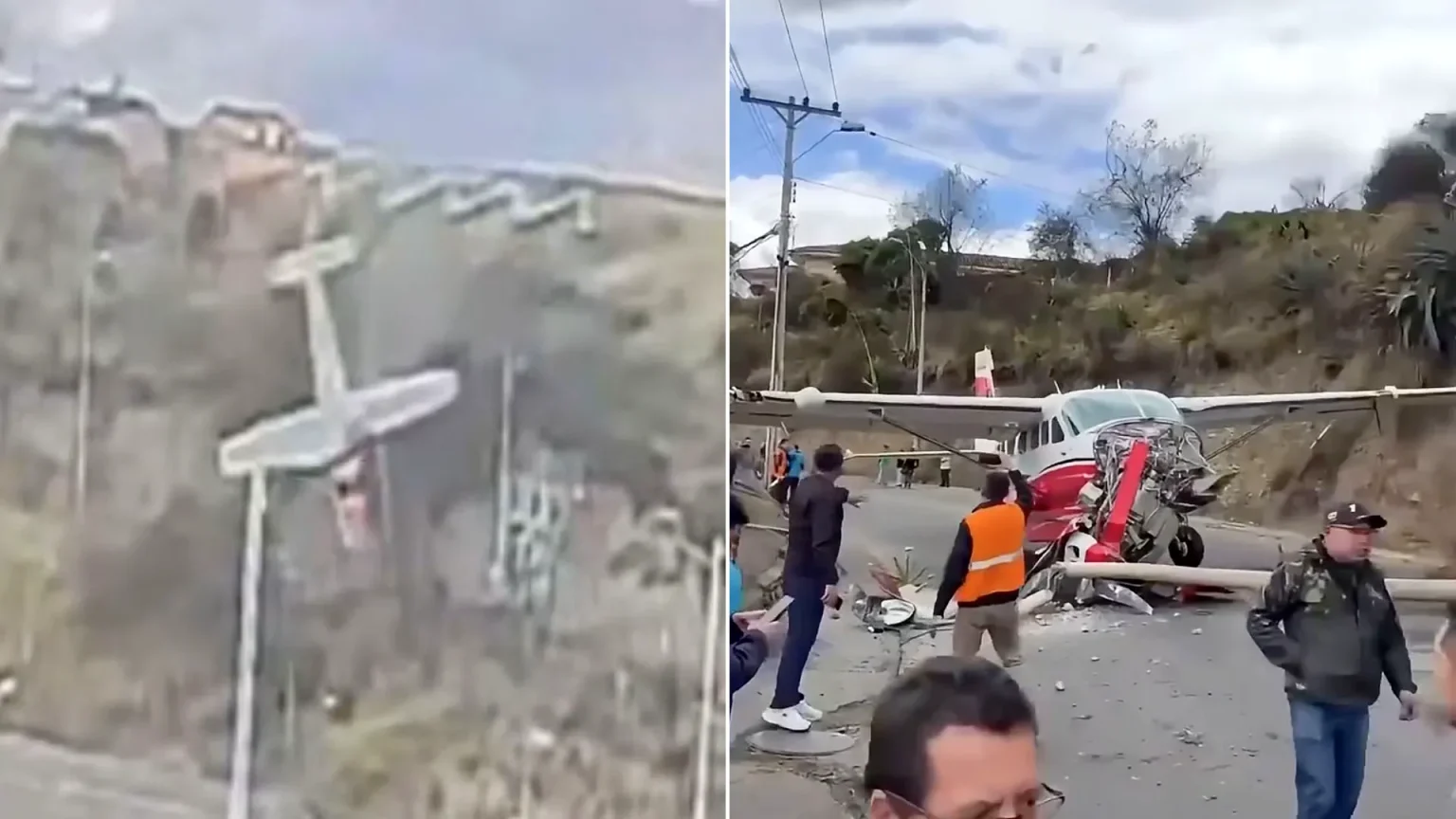 A Cessna plane carrying valuables plunged down an embankment and crashed onto a busy road in Ecuador after overshooting the runway. Both crew members are safe.