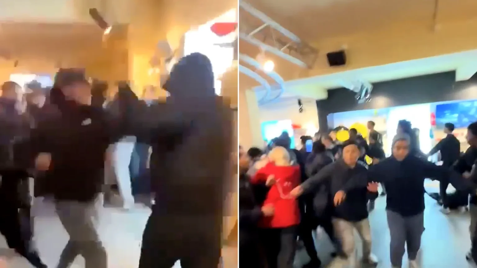 A huge brawl has erupted during a Halloween fright night at a theme park with riot police and dogs deployed to break up the fighting.