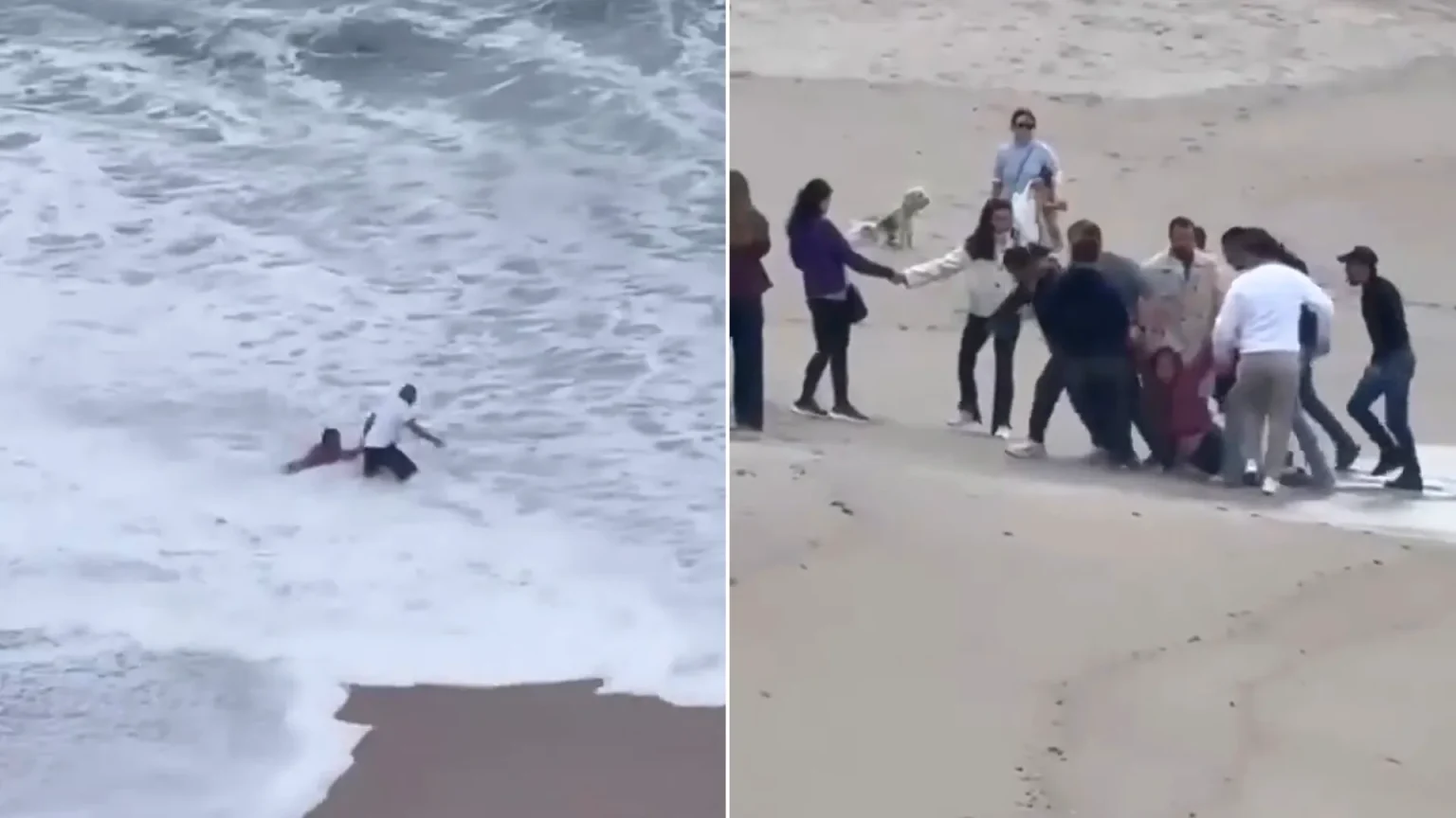 A group of beachgoers formed a human chain to rescue a woman swept out to sea by a huge wave while reading near the shore.