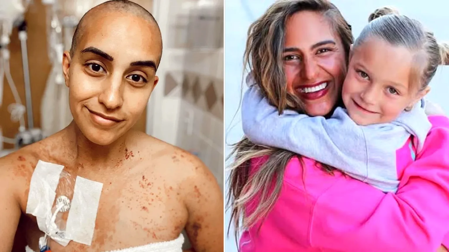 Bald woman with chest bandages smiling in hospital, and same woman years later with reddish hair holding young child outdoors