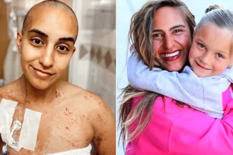 Bald woman with chest bandages smiling in hospital, and same woman years later with reddish hair holding young child outdoors