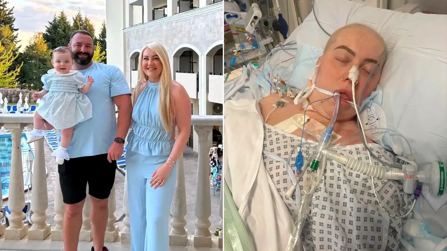 Paige Lloyd with family in holiday photo alongside hospital bed image showing her cancer treatment.
