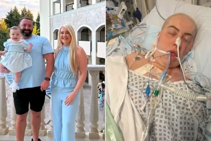 Paige Lloyd with family in holiday photo alongside hospital bed image showing her cancer treatment.