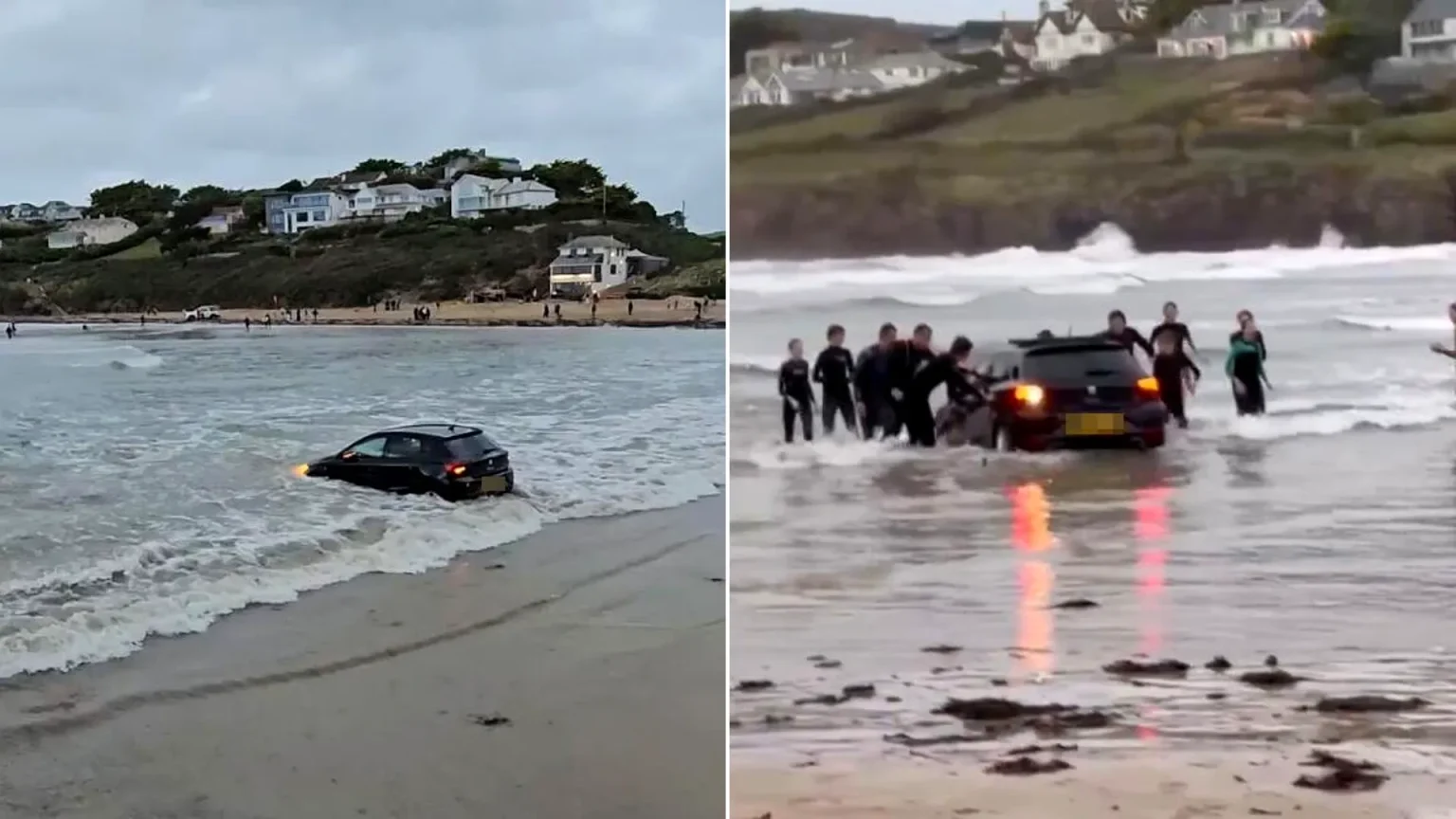 An ‘idiot’ driver was clapped off a beach after nearly losing their car when it was marooned on the sands outside a posh holiday hotspot.