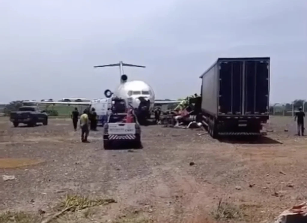 A lorry driver lost control and slammed head-on into a Boeing 727 that was being displayed at a petrol station. The 46-year-old driver is believed to have suffered a.
