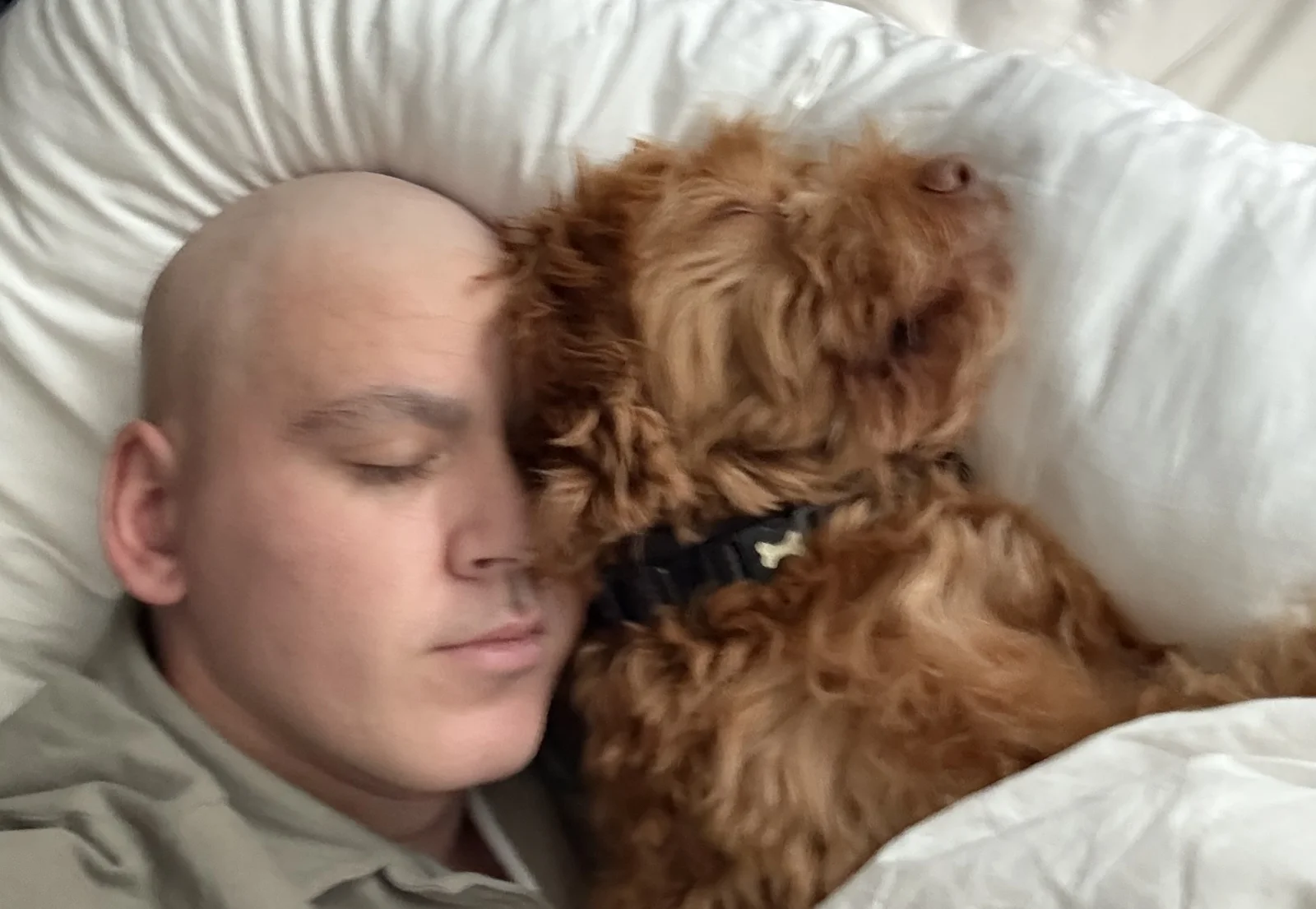 Matthew Spicer sleeping in bed next to a brown dog