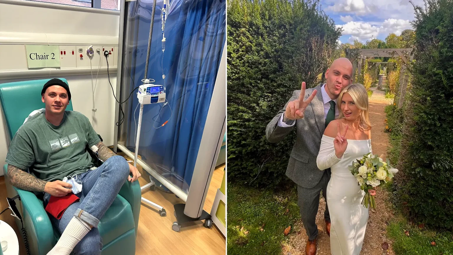 Matthew Spicer smiling in hospital; Matthew and Beth on their wedding day