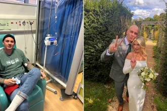 Matthew Spicer smiling in hospital; Matthew and Beth on their wedding day