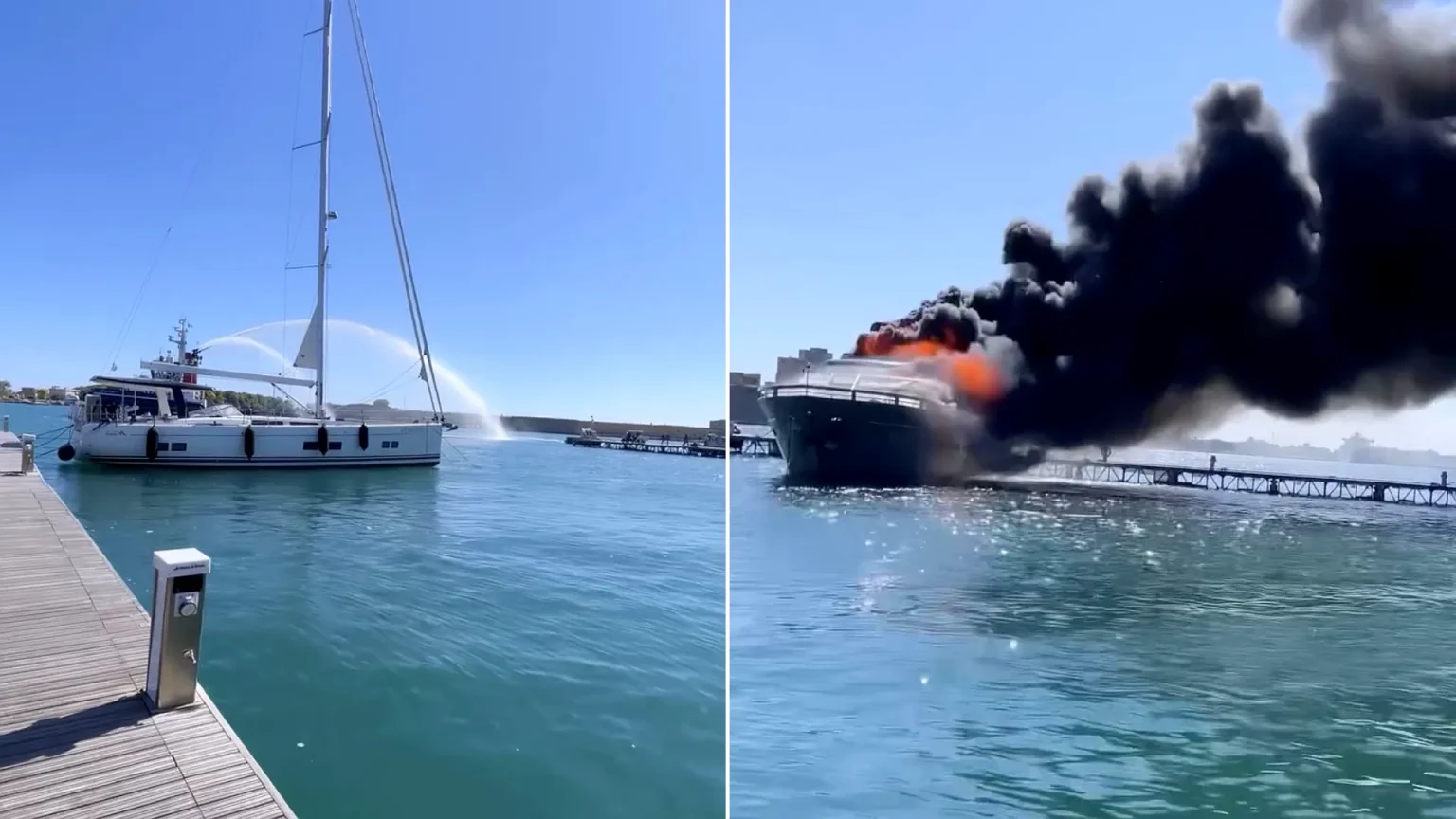 A £6 million luxury yacht caught fire and partially sank at an Italian marina after firefighters battled the blaze for hours. No injuries reported.