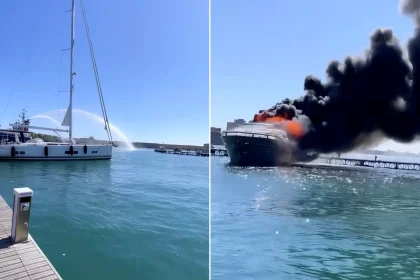 A £6 million luxury yacht caught fire and partially sank at an Italian marina after firefighters battled the blaze for hours. No injuries reported.