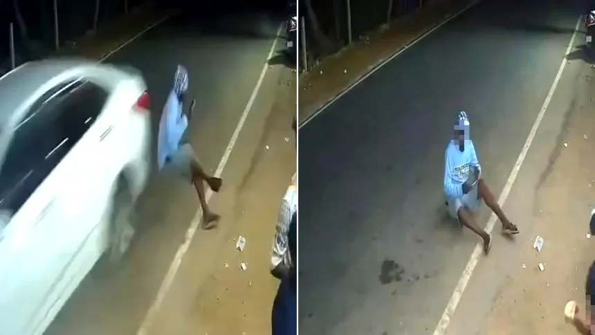 Man checking his phone knocked over and severely injured after speeding car sweeps motorbike from under him in India. Shocking CCTV footage captured the horrific collision.