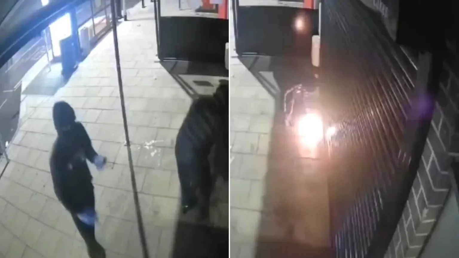 Masked thugs caught on CCTV setting fire to cafe in Peterborough at 1:54 am Monday. One attacker appears burned by flames. Footage goes viral.