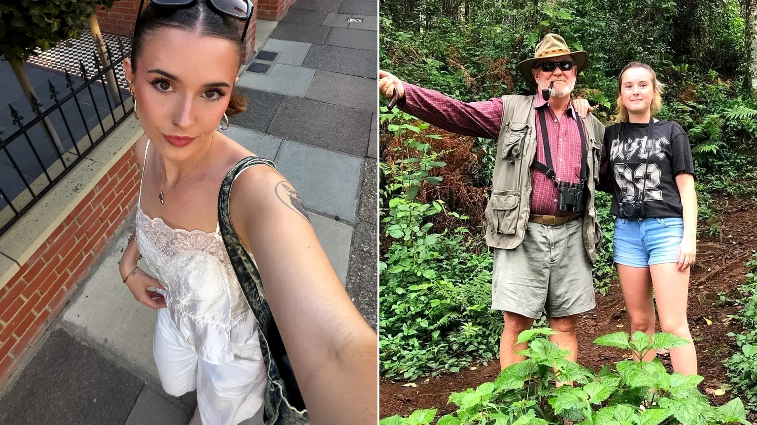 Left: Lily Burgess smiling outdoors as an adult woman. Right: Teenage Lily with her father Simon in khaki hat standing in forest vegetation.