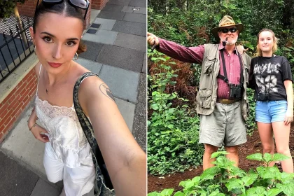 Left: Lily Burgess smiling outdoors as an adult woman. Right: Teenage Lily with her father Simon in khaki hat standing in forest vegetation.