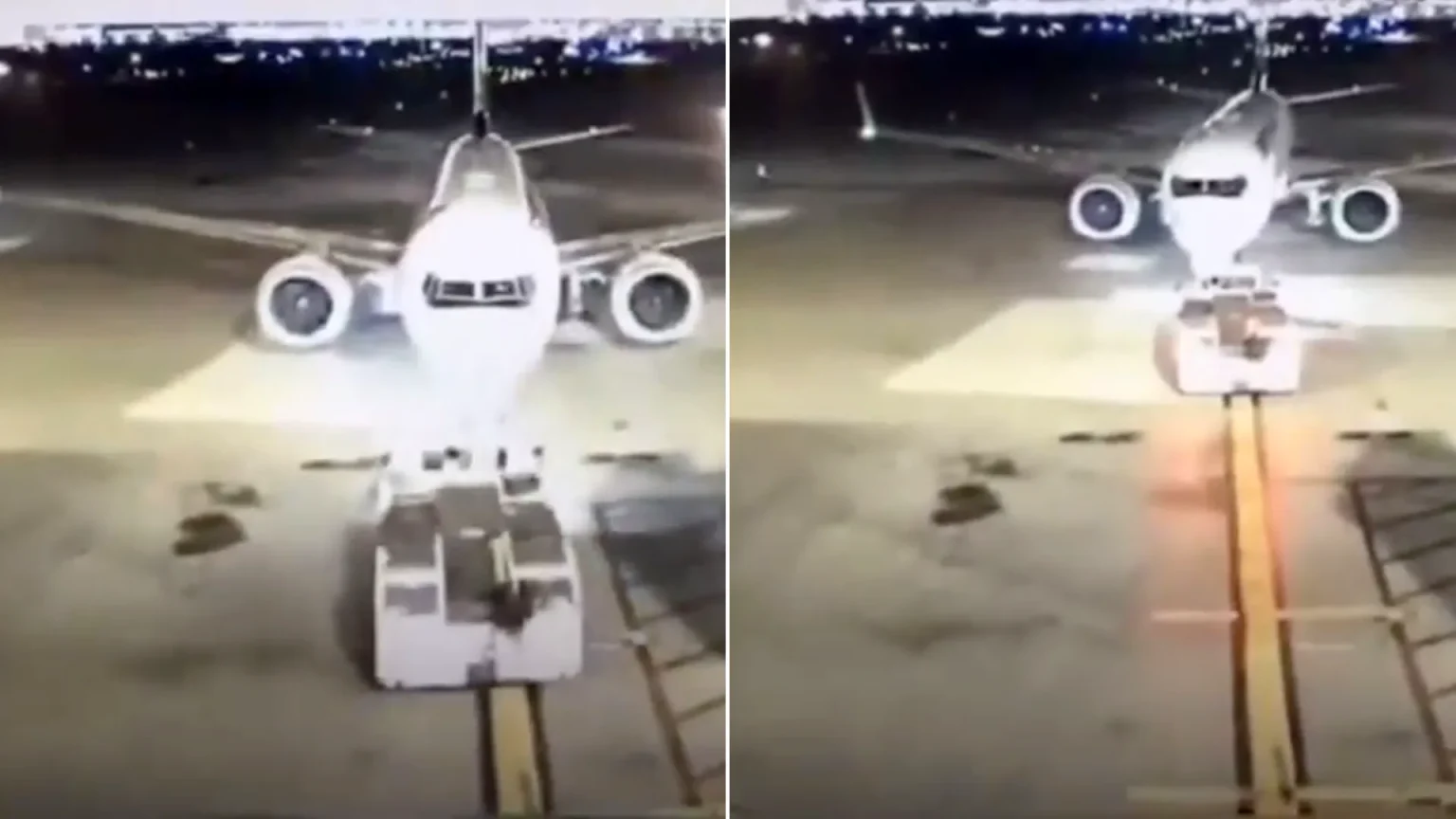 A plane has crashed into a catering vehicle on the apron in a dramatic night-time collision. Dramatic footage showed the Boeing 737 MAX 8’s wing ramming the parked food.