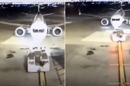 A plane has crashed into a catering vehicle on the apron in a dramatic night-time collision. Dramatic footage showed the Boeing 737 MAX 8’s wing ramming the parked food.