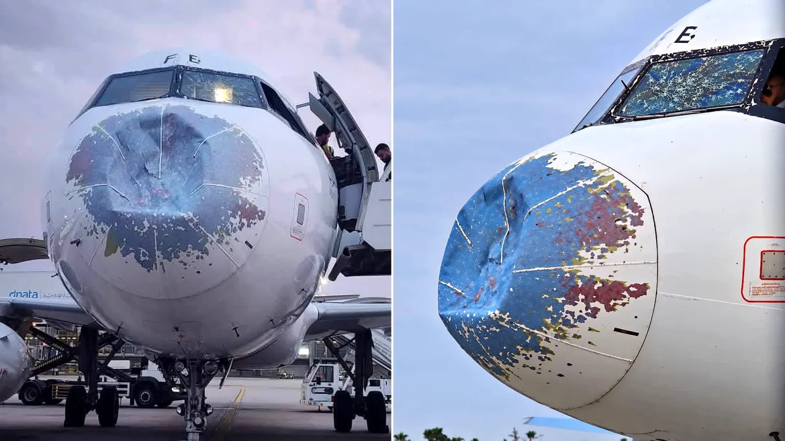 A passenger jet sustained a damaged nose and cockpit after flying into a severe hailstorm. Passengers and crew escaped unharmed after their plane was battered by the storm.
