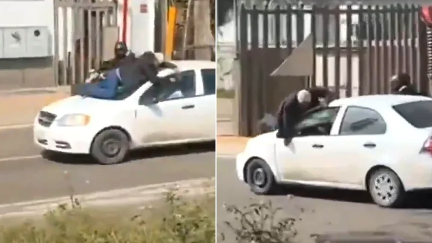 Man clings to bonnet of speeding car after motorway smash in Mexico. Driver allegedly fled scene, sparking dangerous road rage confrontation that ended in windscreen smashing.