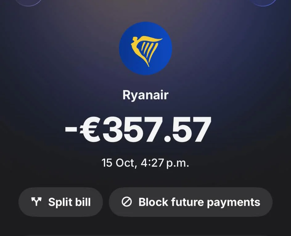 Ryanair transaction receipt showing a charge of €357.57 for a replacement flight on 15 October.