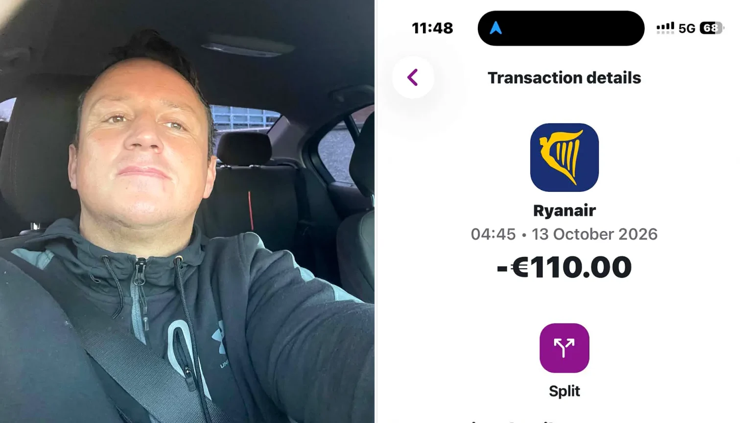Edward Stokes, middle-aged man in car on left; Ryanair replacement flight bill for €357.57 on right.