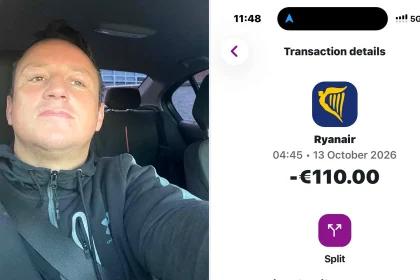 Edward Stokes, middle-aged man in car on left; Ryanair replacement flight bill for €357.57 on right.