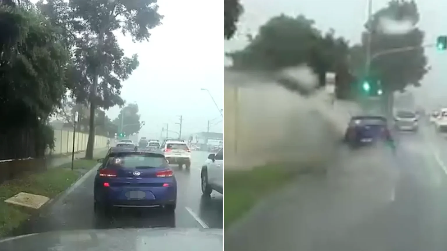Driver branded a 'scumbag' after appearing to deliberately accelerate through a massive puddle and drenching a pedestrian waiting at a bus stop during heavy rain.
