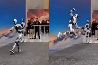 A robot spectacularly lost its leg during a public demonstration just one day after its official launch. The H2-X machine, marketed as the ‘Kung Fu Legend: Guardian’.