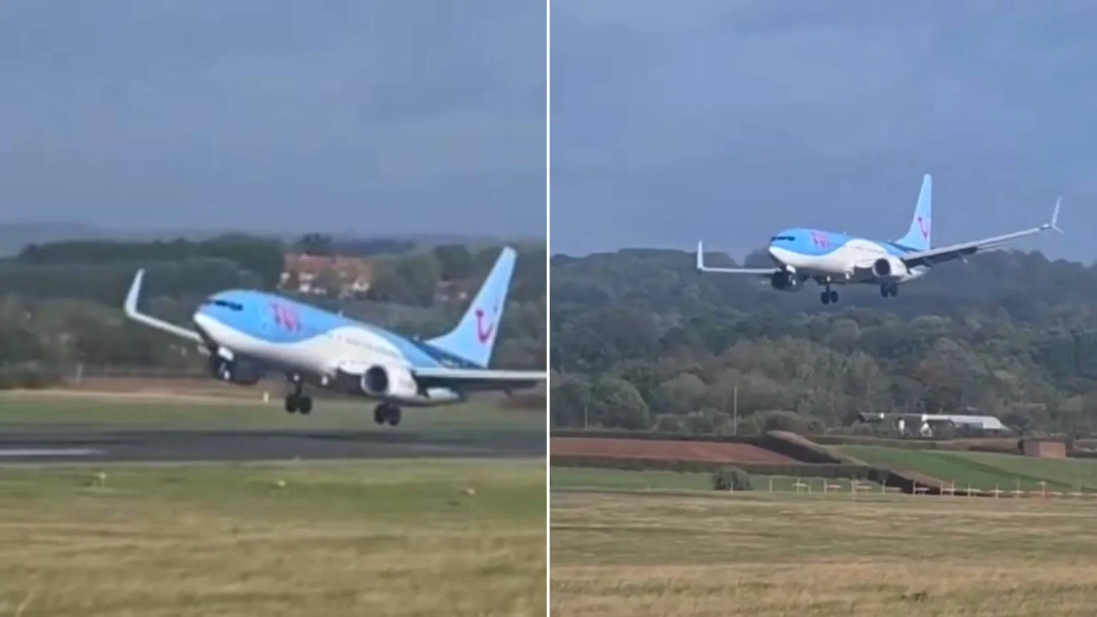 A jet pilot aborted a landing just feet from the ground amid fierce storm winds at a British airport. The Boeing 737 was about to touch down when the pilot hit the.